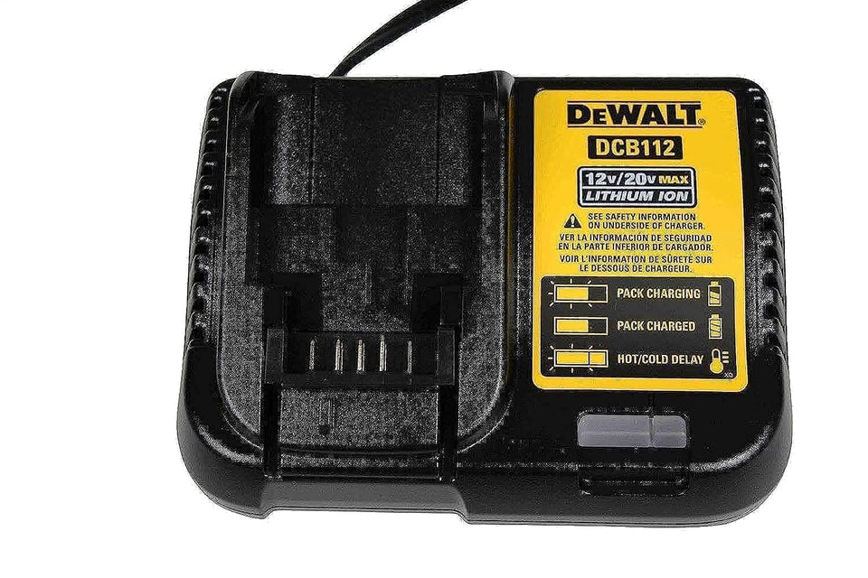 DEWALT DCB112 charger front view, reliable replacement part for 20V max tools.