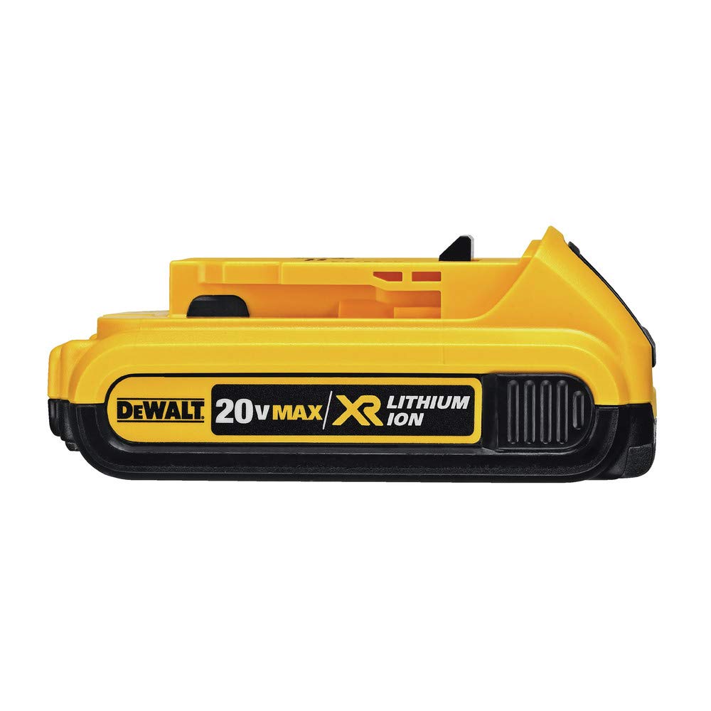 DEWALT 20V Max Compact 2.0Ah battery with slim profile for easy on-site use.
