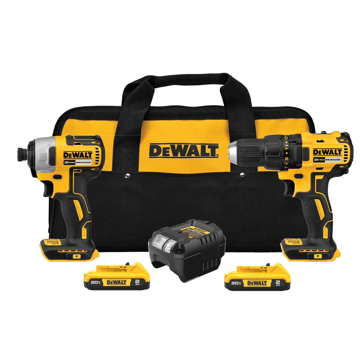 DEWALT 20V Max brushless drill driver front view ideal for tight spaces