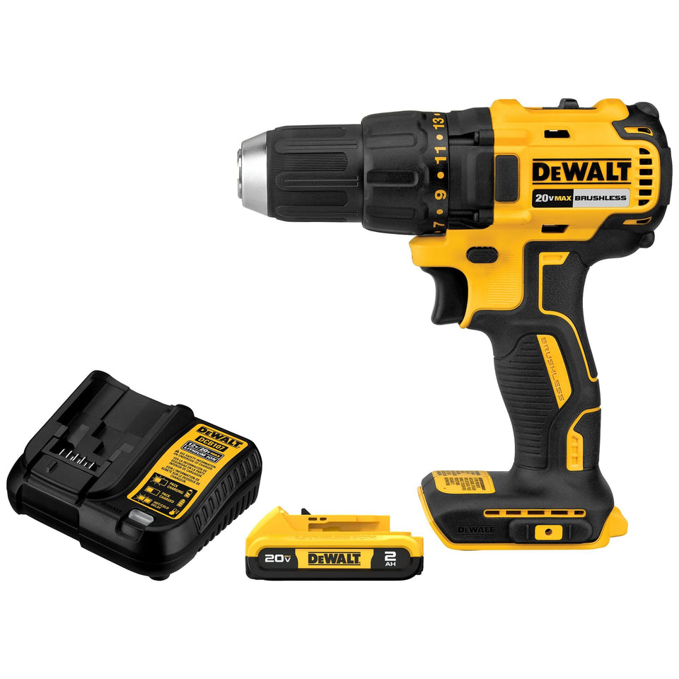 DEWALT 20V Max brushless drill driver shown compact and powerful for fast drilling