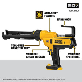 DEWALT 20V MAX caulking gun flow dial settings for adjustable flow rates.