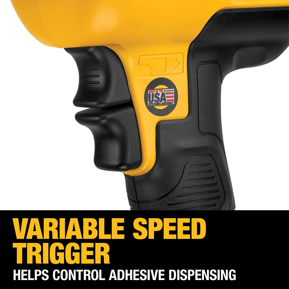 DEWALT caulking gun with quick-connect trays for easy canister changes.