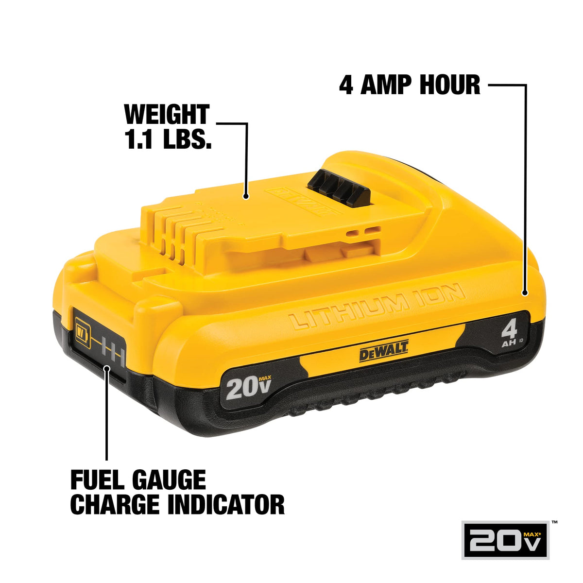 Side profile of the DEWALT DCB240 compact 4Ah battery for easy maneuverability.