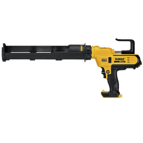 DEWALT DCE570B cordless caulking gun in use with quick-connect tray for smooth adhesive flow