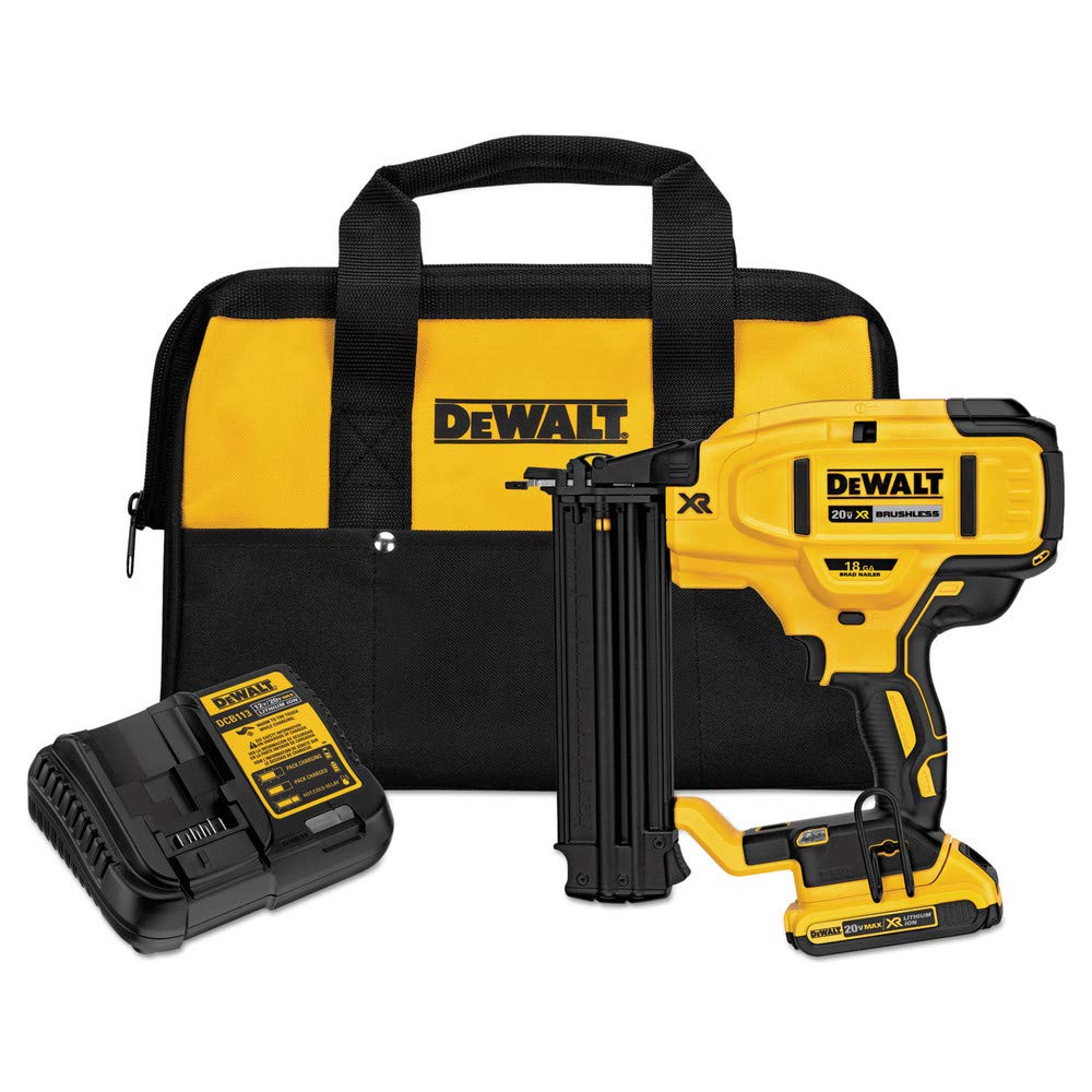 DEWALT DCN680D1 front view shows cordless 18GA brad nailer ideal for trim work