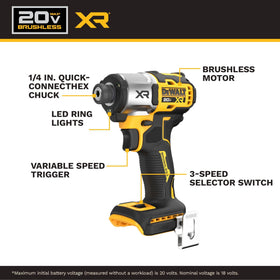DEWALT 1/4-inch hex chuck enables quick bit changes.