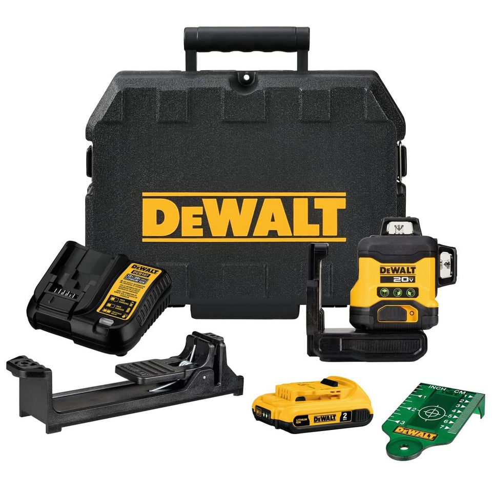 DEWALT 20V Max laser level front view with 3x360 green cross-lines for quick alignment