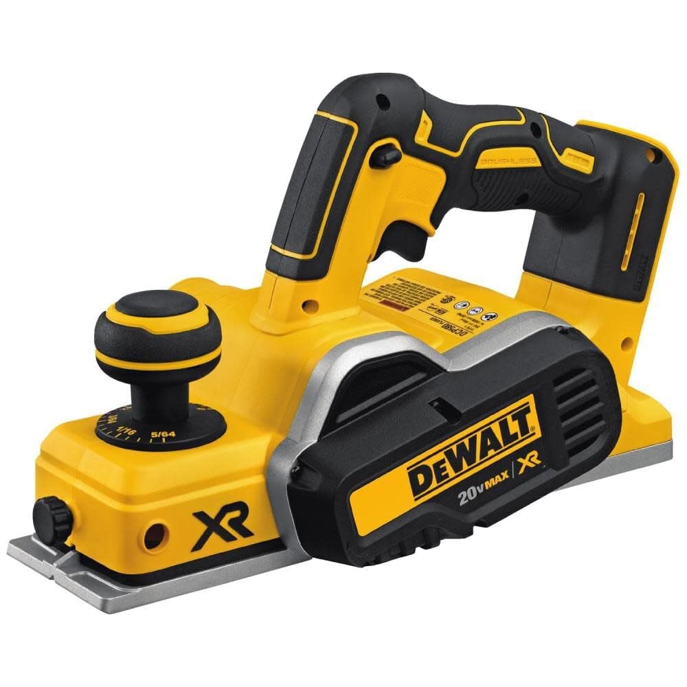 DEWALT DCP580B front view highlights cordless mobility for on-site planing.