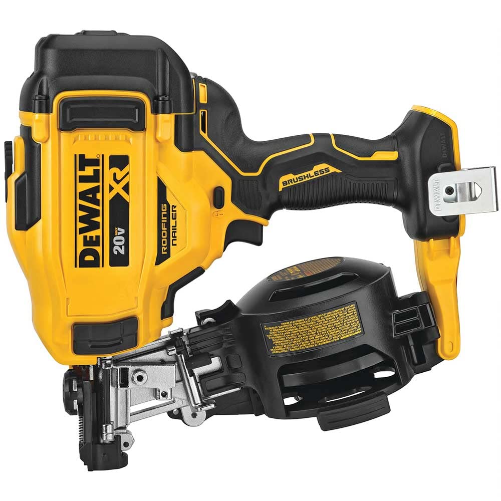 DEWALT cordless roofing nailer in yellow and black ready for smooth nail driving.