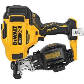 DEWALT cordless roofing nailer in yellow and black ready for smooth nail driving.