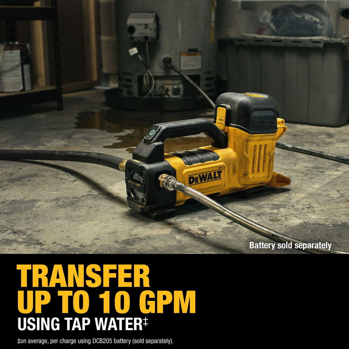 In-use image demonstrates 10 GPM speed with tap water for quick transfers