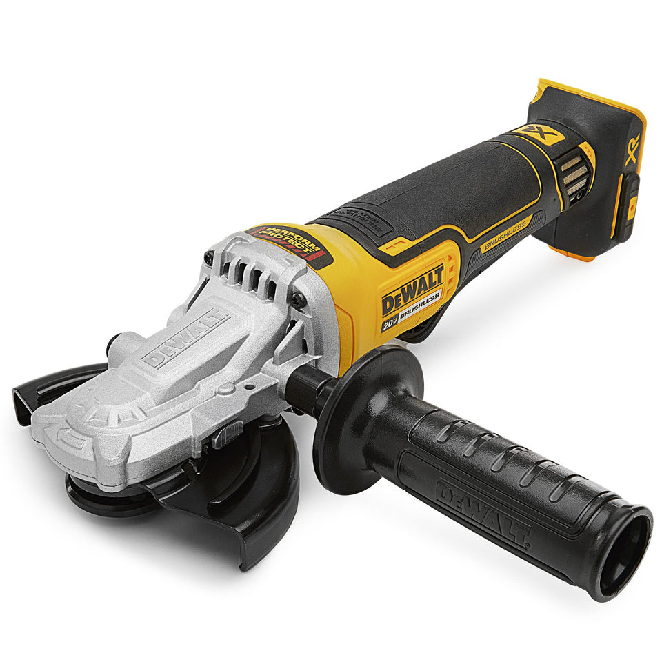 DEWALT 20V MAX XR 5-Inch grinder with brake stops the wheel quickly for safer cuts.