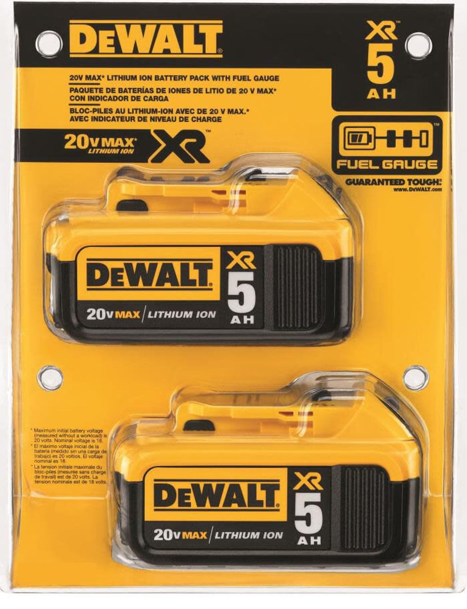 DEWALT 20V MAX XR 5Ah battery two-pack extends runtime across tools.