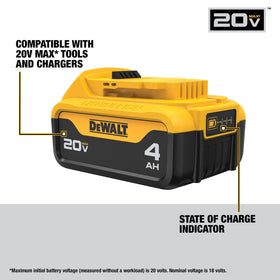 DEWALT 20V MAX XR battery LED indicator close-up shows charge status.