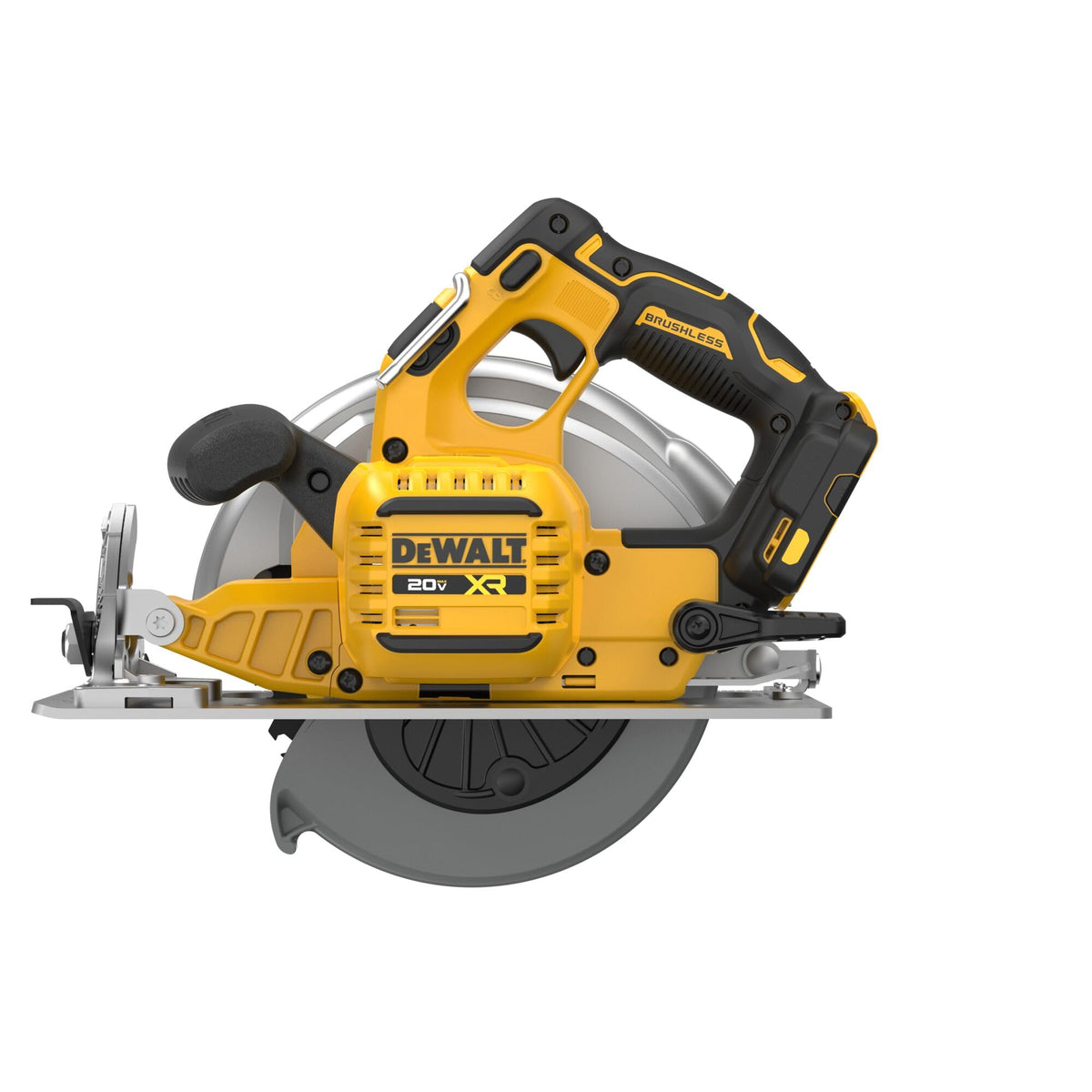 DEWALT DCS590B electrical brake close-up, stopping the blade quickly.