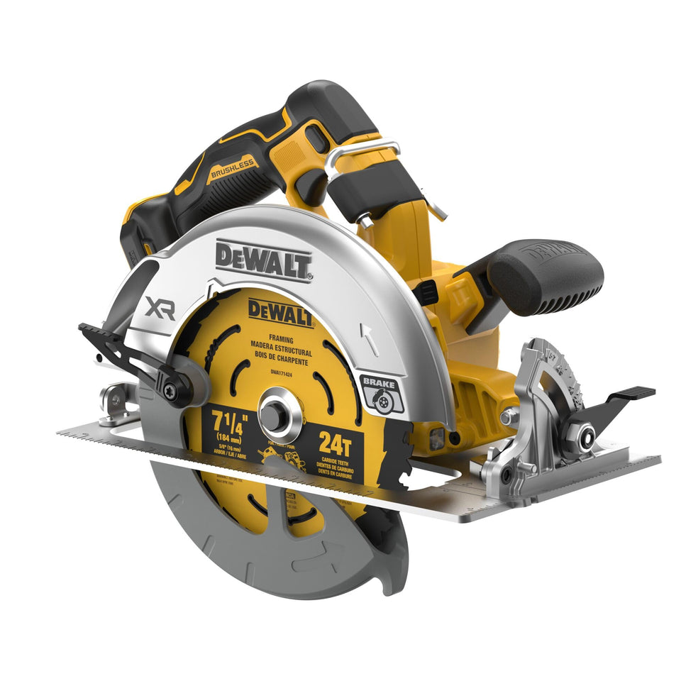 DEWALT DCS590B circular saw front view highlighting balanced design for precise cuts.
