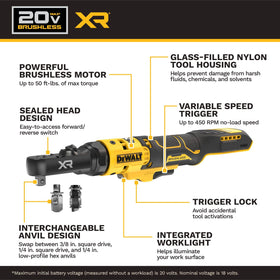 DEWALT 20V Max XR ratchet with interchangeable anvils for quick drive changes.