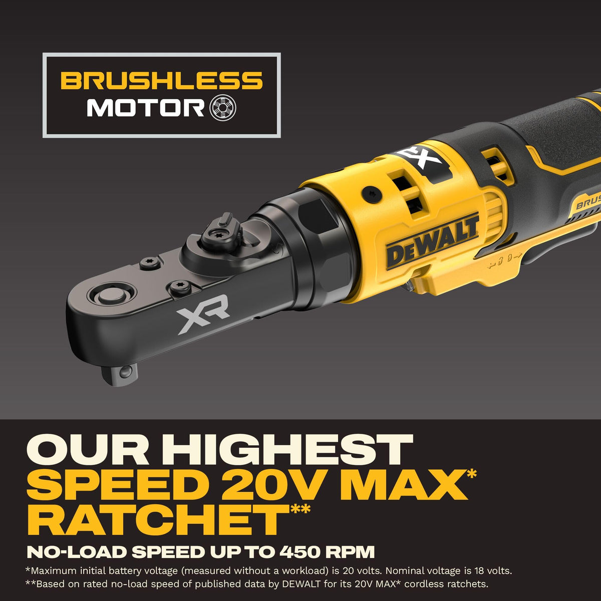 DEWALT 20V Max XR ratchet trigger lock prevents accidental activations.