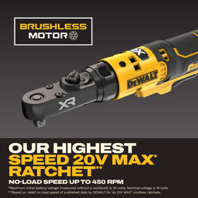 DEWALT 20V Max XR ratchet trigger lock prevents accidental activations.