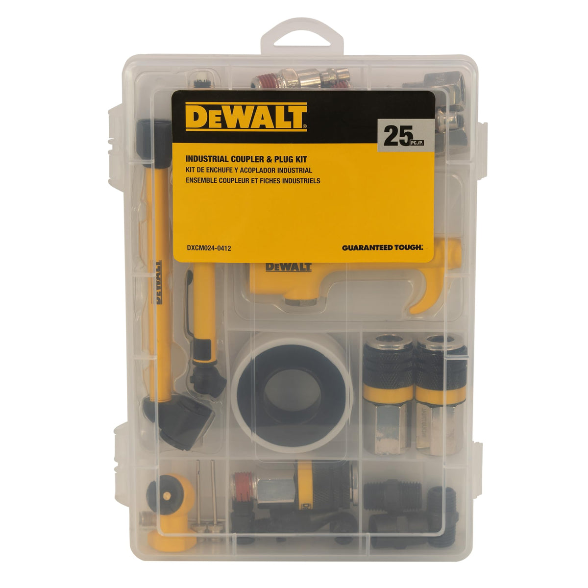 DEWALT 25pc industrial coupler and plug kit image for quick inflation and tool connections.