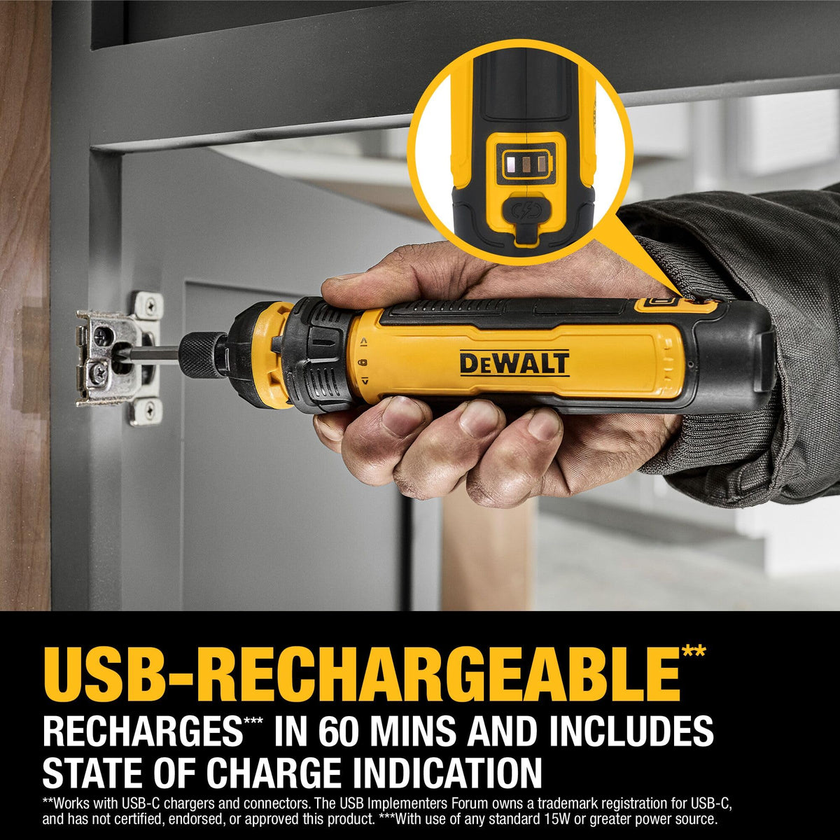 DEWALT 360 RPM no-load speed speeds up screwdriving tasks.