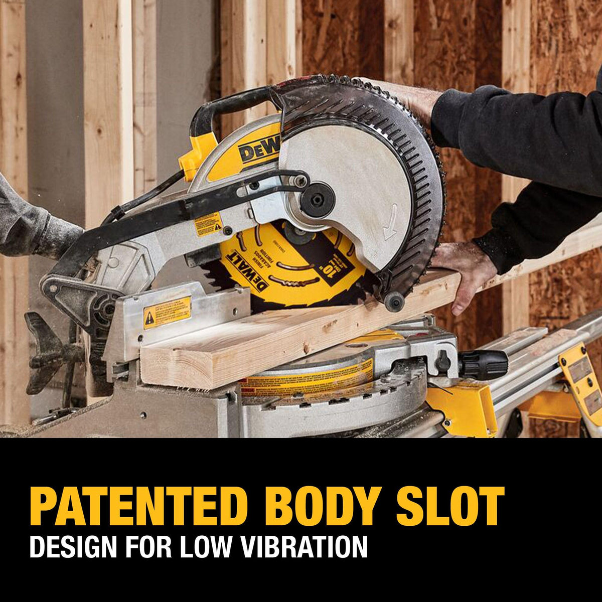 DEWALT 40T blade in action cutting wood for smooth finishes.