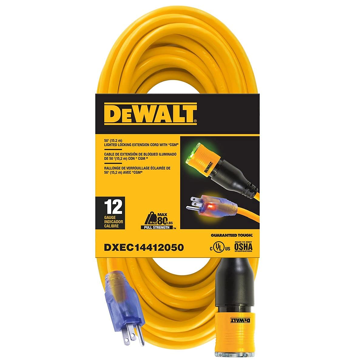 DEWALT 50ft extension cord with locking plug for uninterrupted power on outdoor jobs