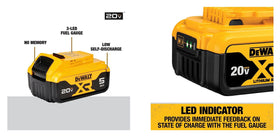 DEWALT 5Ah battery with fuel gauge for quick charge status checks.