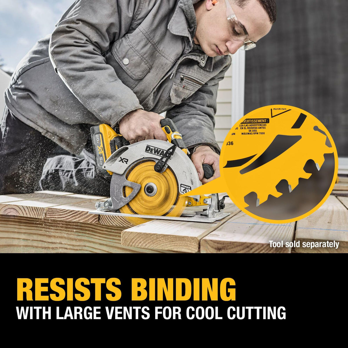 Optimized tooth geometry on the DEWALT blade for crisp cuts.