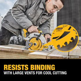 Optimized tooth geometry on the DEWALT blade for crisp cuts.