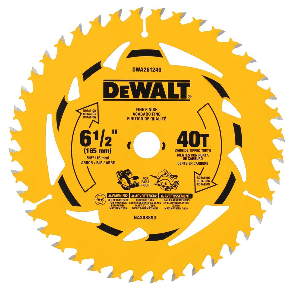 DEWALT 6-1/2 in 40T blade front view shows crisp tooth geometry for clean cuts.