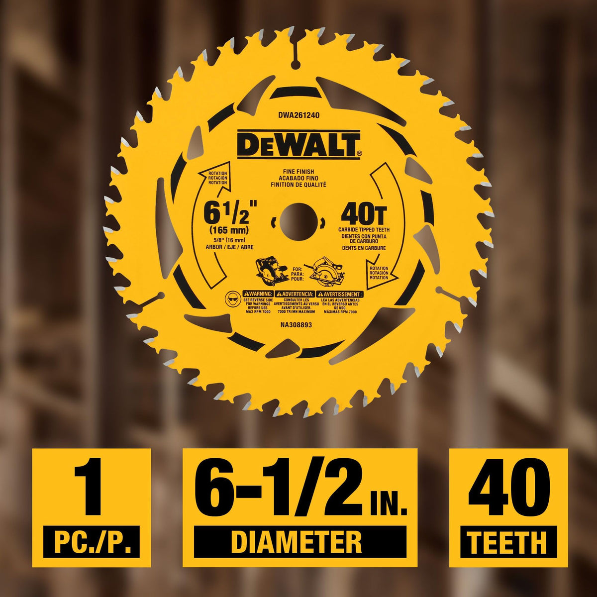 DEWALT 6-1/2 in 40T blade packaging shows durable construction.