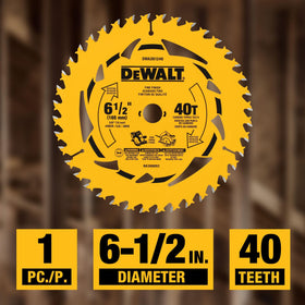 DEWALT 6-1/2 in 40T blade packaging shows durable construction.