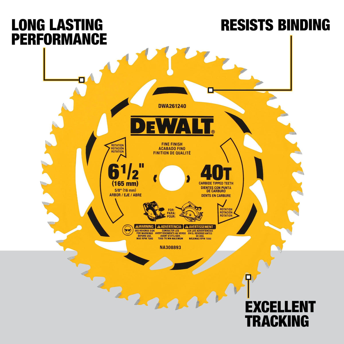 DEWALT 6-1/2 in 40T blade teeth close-up highlights sharp cutting edges.