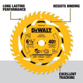 DEWALT 6-1/2 in 40T blade teeth close-up highlights sharp cutting edges.