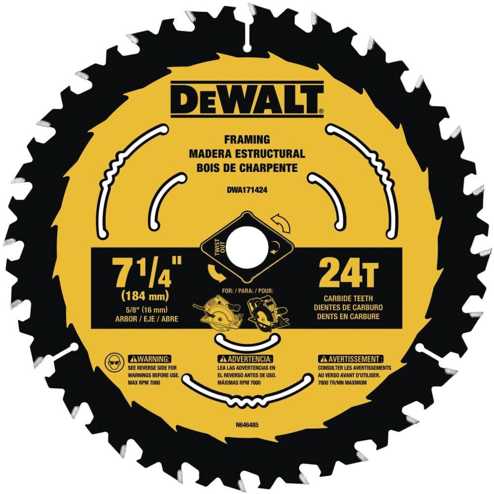 DEWALT 7-1/4 inch blade front view highlights straight cuts with ToughTrack.