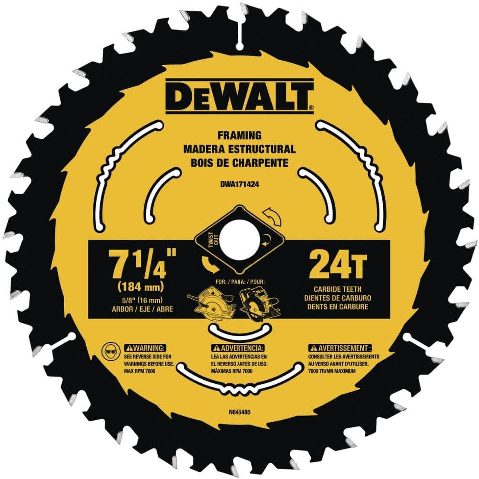 DEWALT 7-1/4 inch blade front view highlights straight cuts with ToughTrack.
