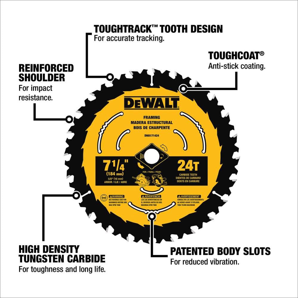 DEWALT 7-1/4 inch blade side profile shows slim kerf for smooth cuts.