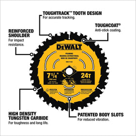 DEWALT 7-1/4 inch blade side profile shows slim kerf for smooth cuts.