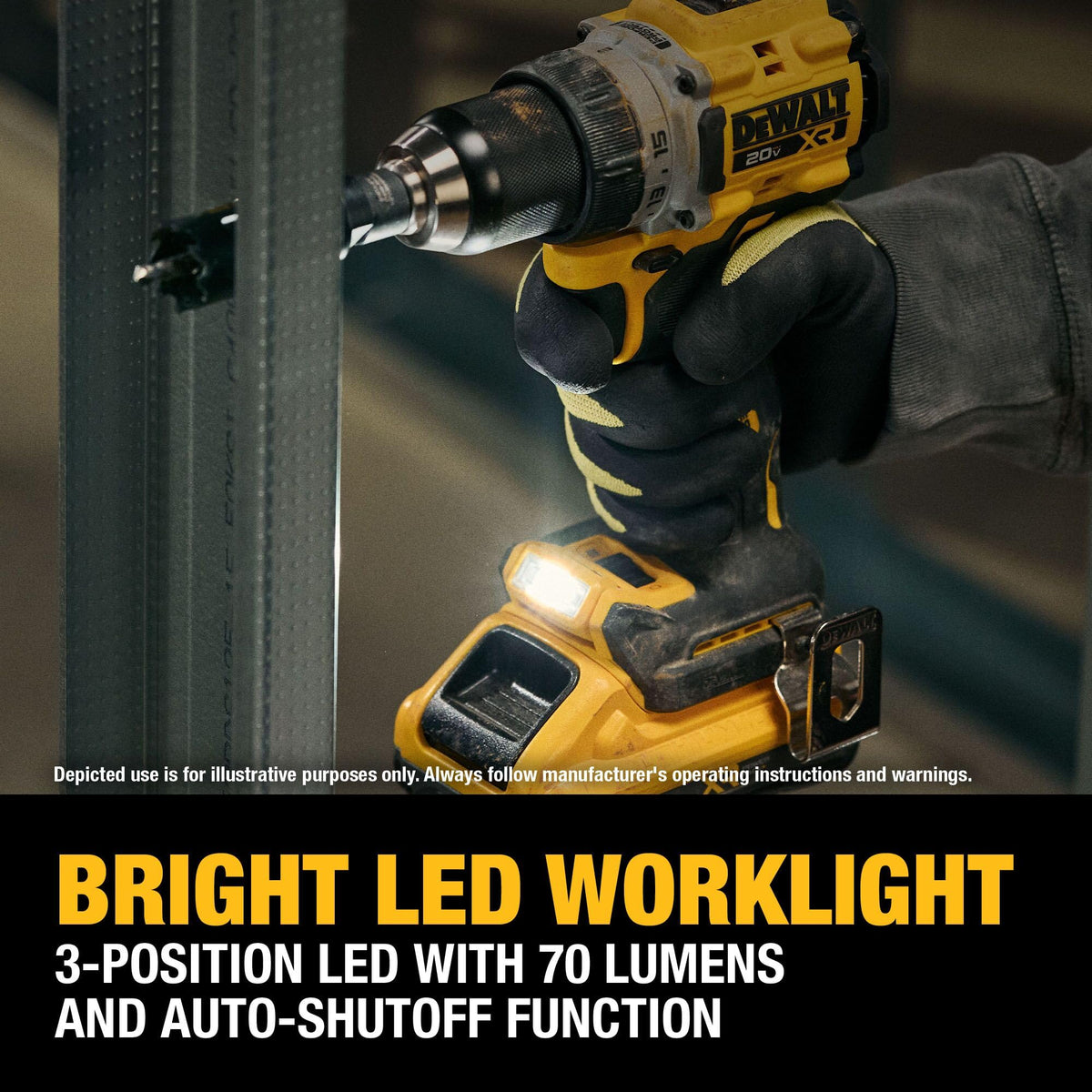 Bright 70-lumen LED work light on the tool.