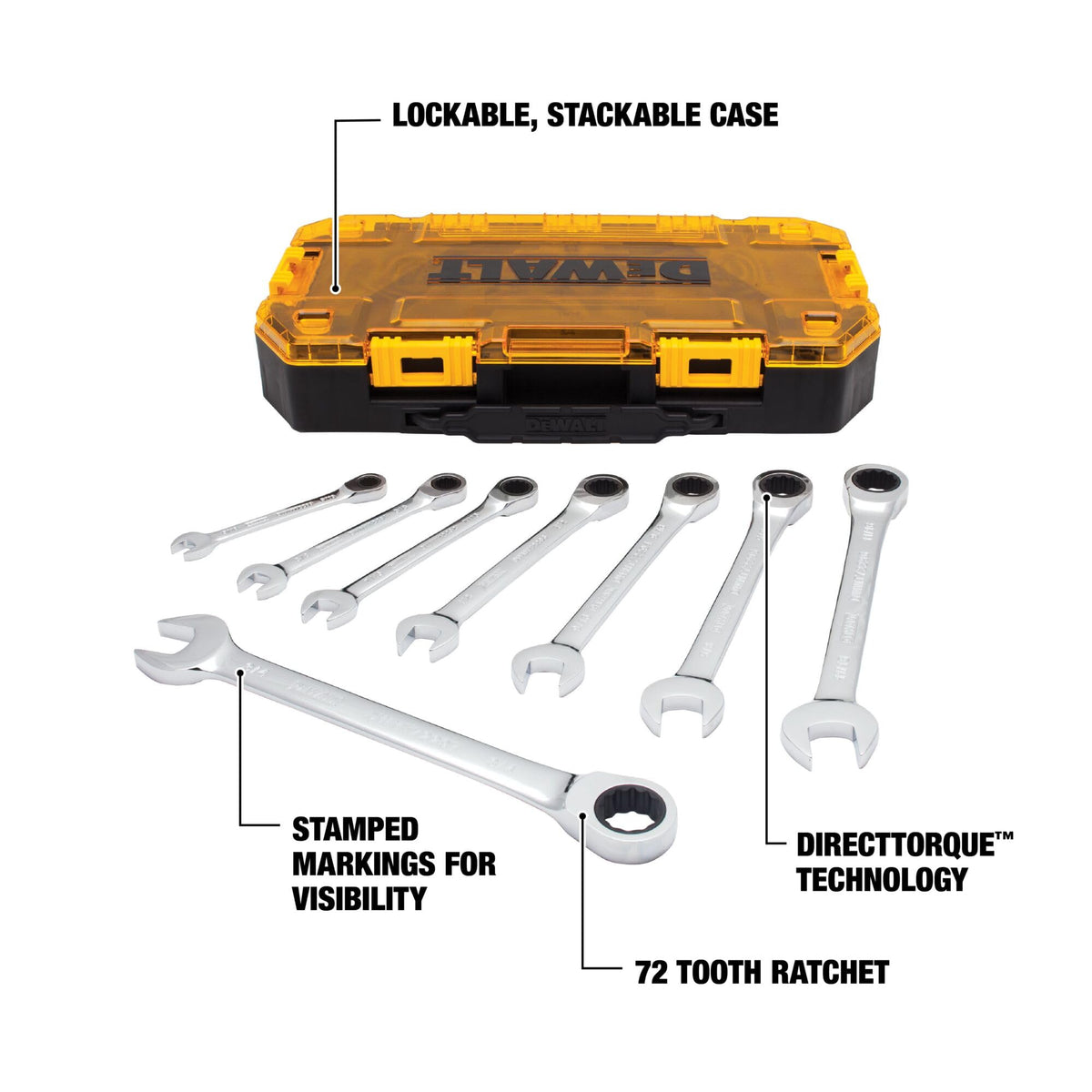 DEWALT 72-teeth ratchets provide a smooth five-degree swing in tight spaces.