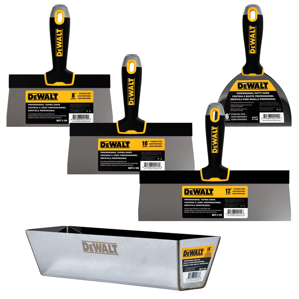 DEWALT 8-inch stainless steel taping knife showing precise flex for smooth finishes.