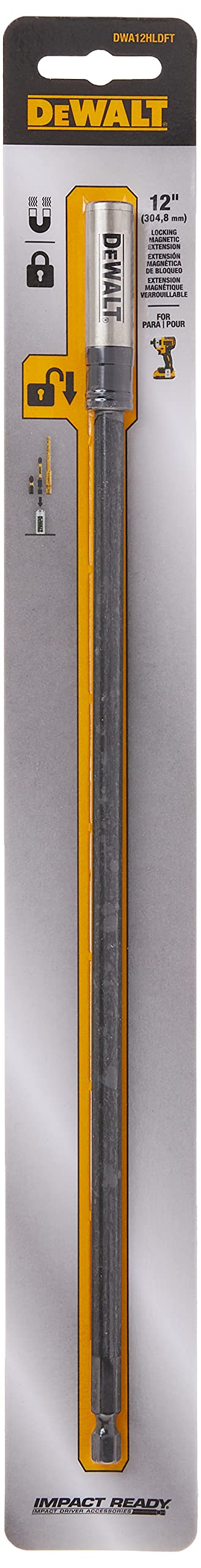 DEWALT accepts 1 inch screw driving bits and 1/4 inch hex-shank accessories.