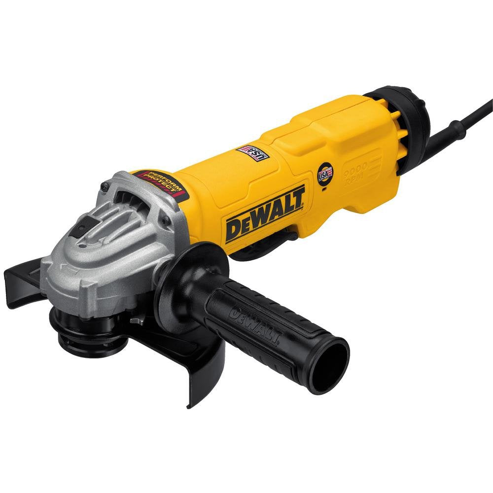 DEWALT 6-inch angle grinder with 13A motor for fast metal grinding.