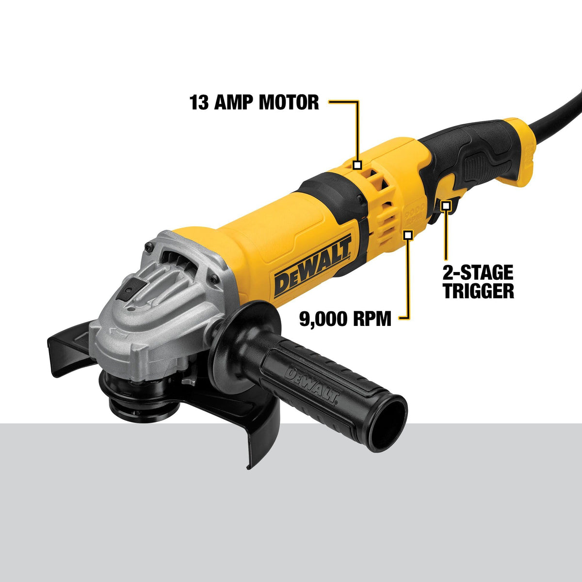 DEWALT angle grinder dust ejection system helps cleaner operation on dusty sites.