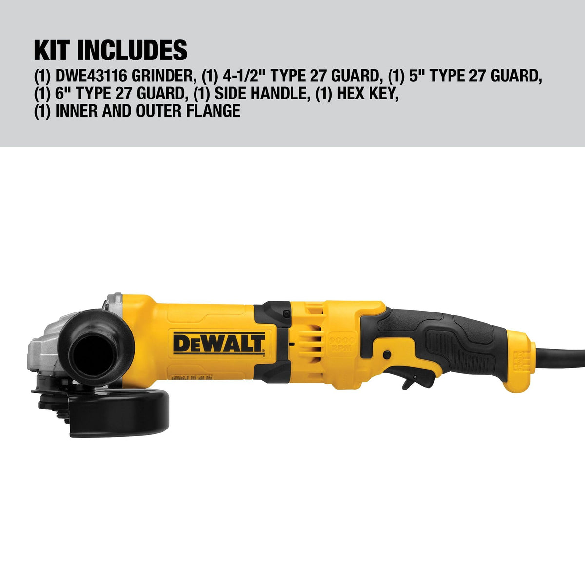 DEWALT angle grinder guard 4.5in Type 27 enables quick disc changes.