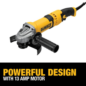DEWALT angle grinder motor close-up highlighting 13-amp power for tough tasks.