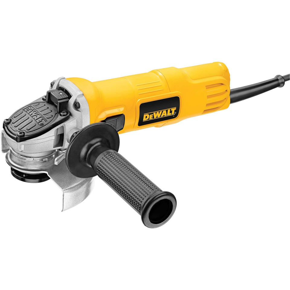 DEWALT angle grinder with One-Touch Guard enhances safety during grinding.