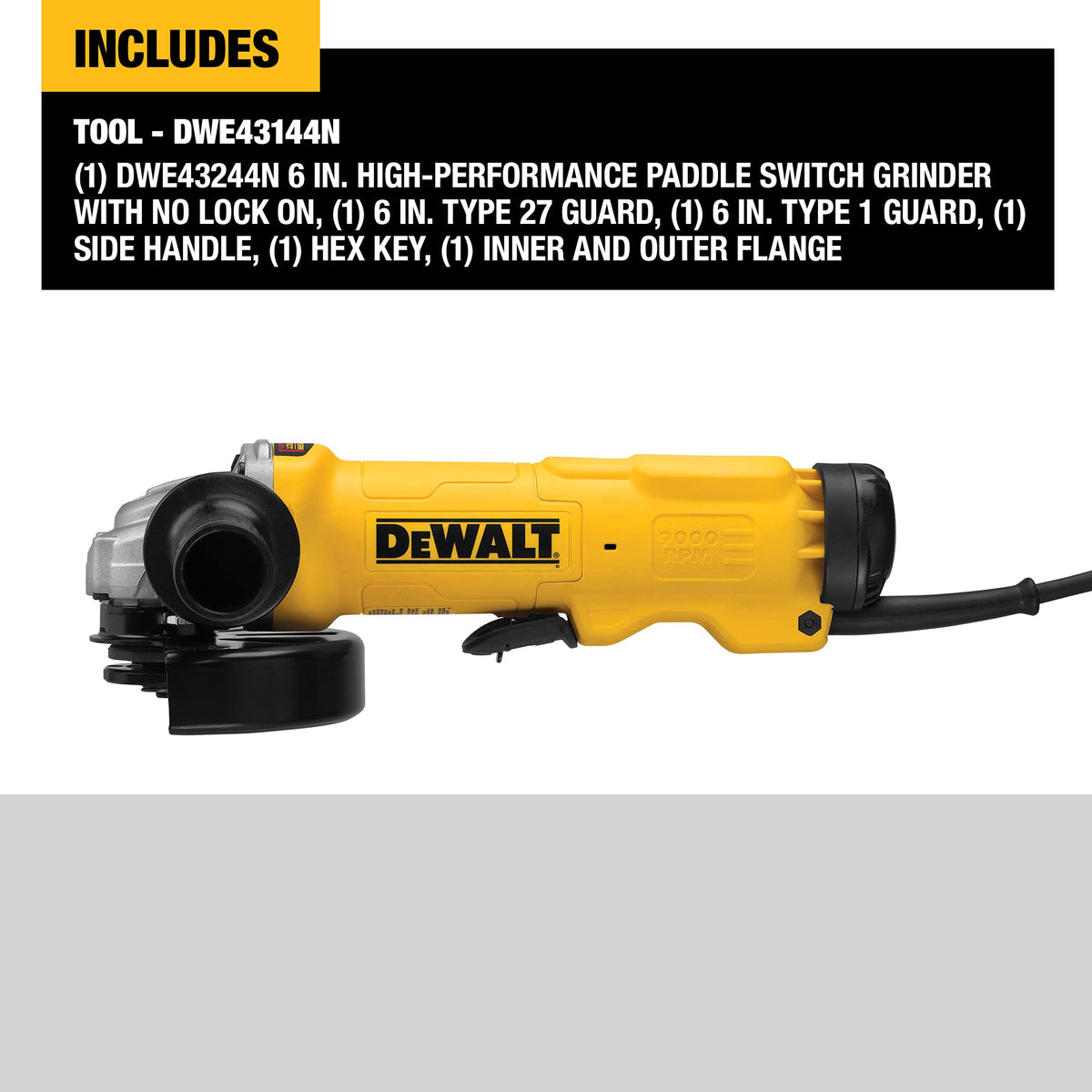 Paddle switch DEWALT grinder with no lock-on for steady control.