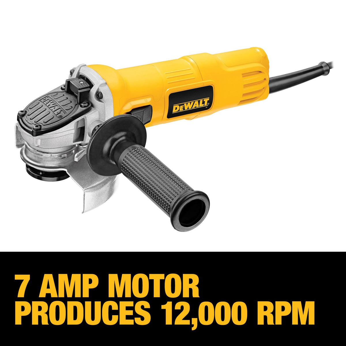 DEWALT Quick-Change wheel release enables tool-free wheel swaps.